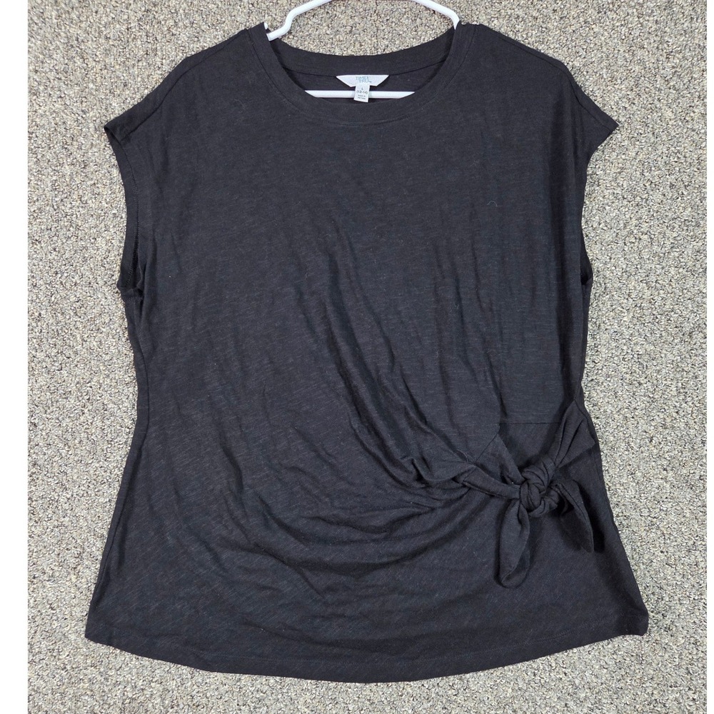 Time and Tru Side Tie Top‎ Women L 12-14 Black Short Sleeve Cotton Crew Neck
